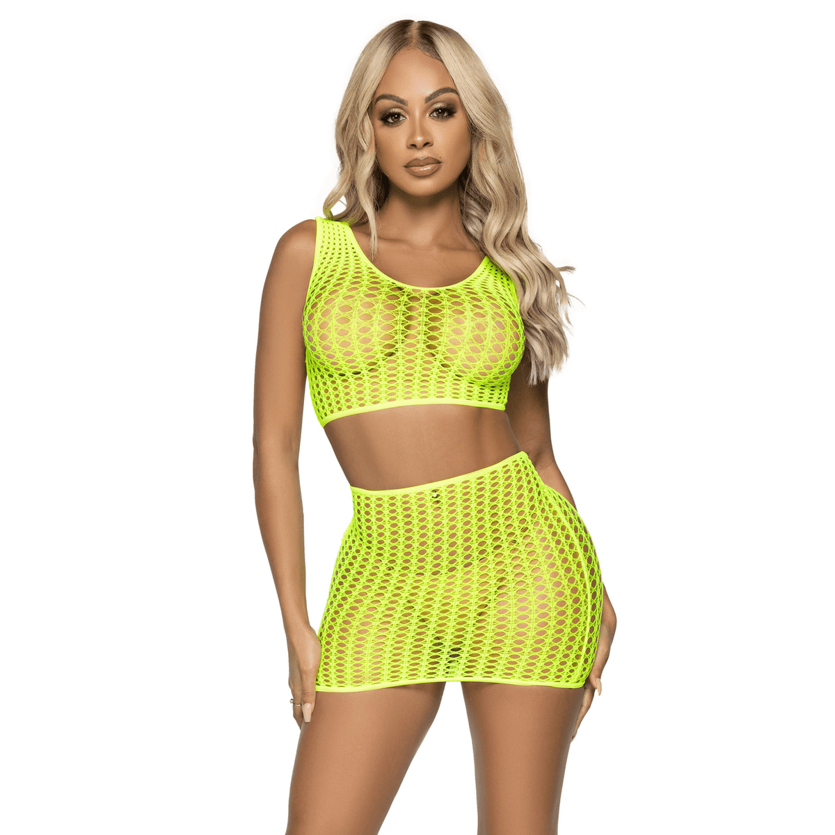 2 Pc. Crochet Net Crop Top and Mini Skirt - One Size - Neon Yellow LA-81651NYLWOS
