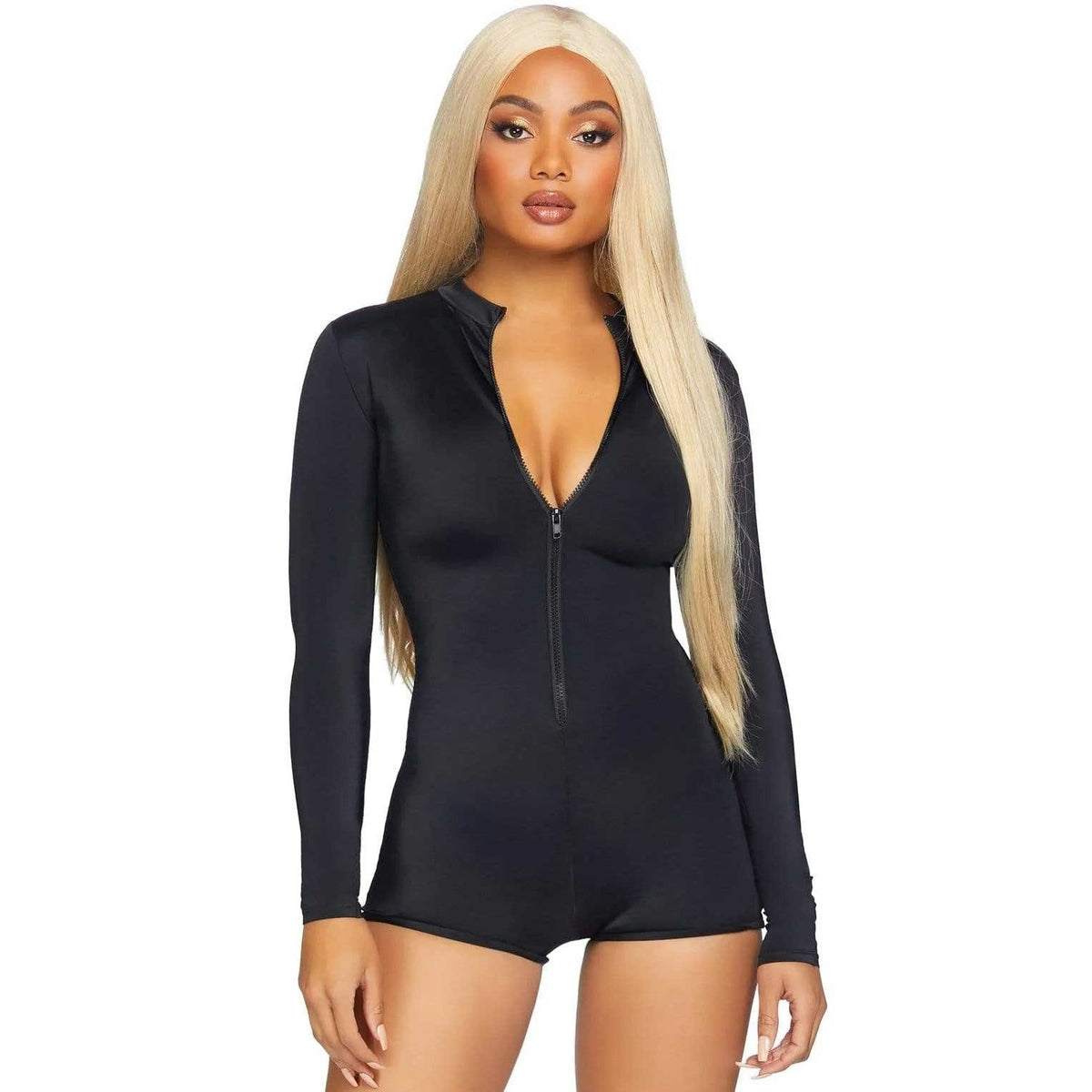 Zipper Front Long Sleeved Matte Romper - Large - Black LA-86869BLKL