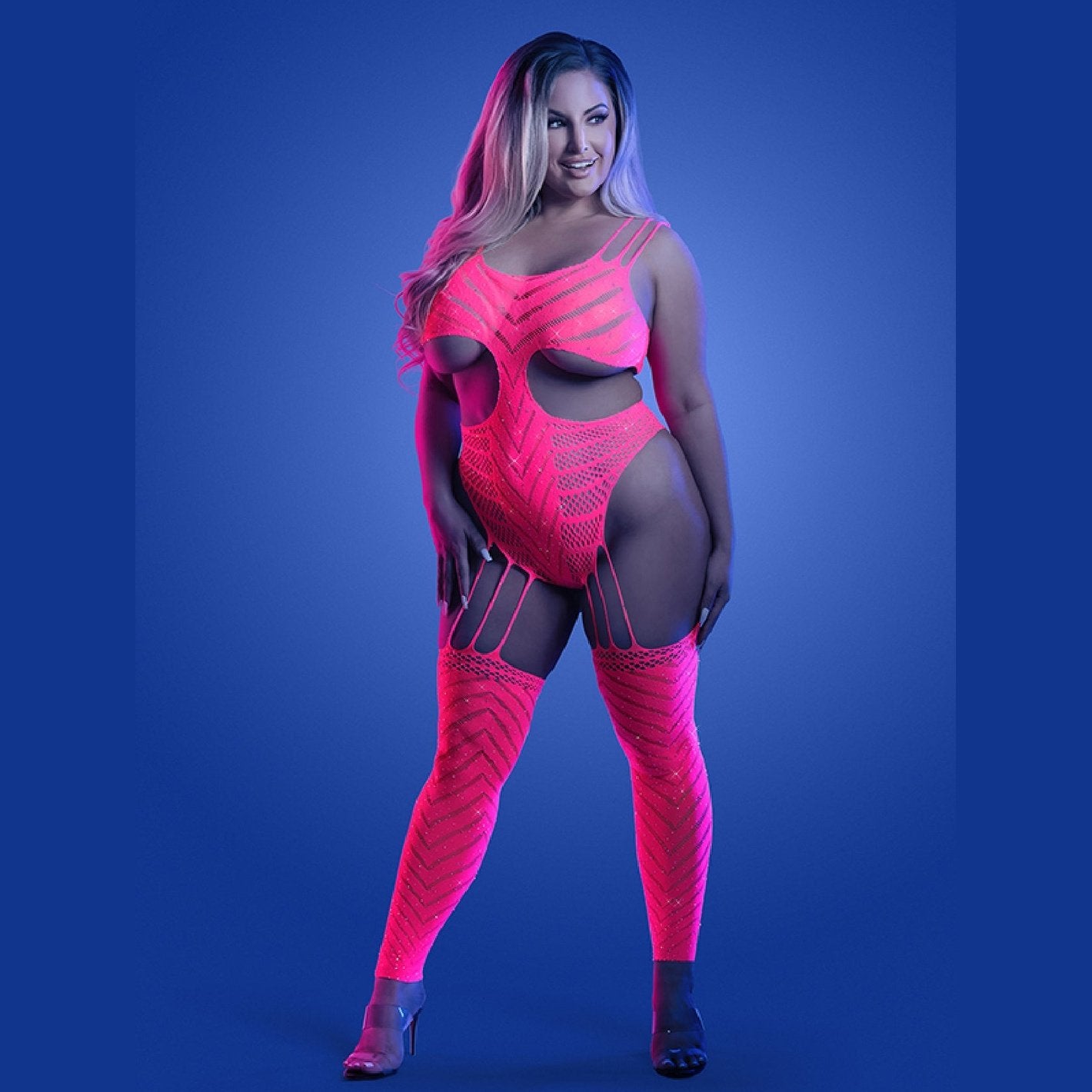 Wavelength Cutout Rhinestone Teddy Bodystocking - Queen - Neon Pink FL-GL2140-QS-B
