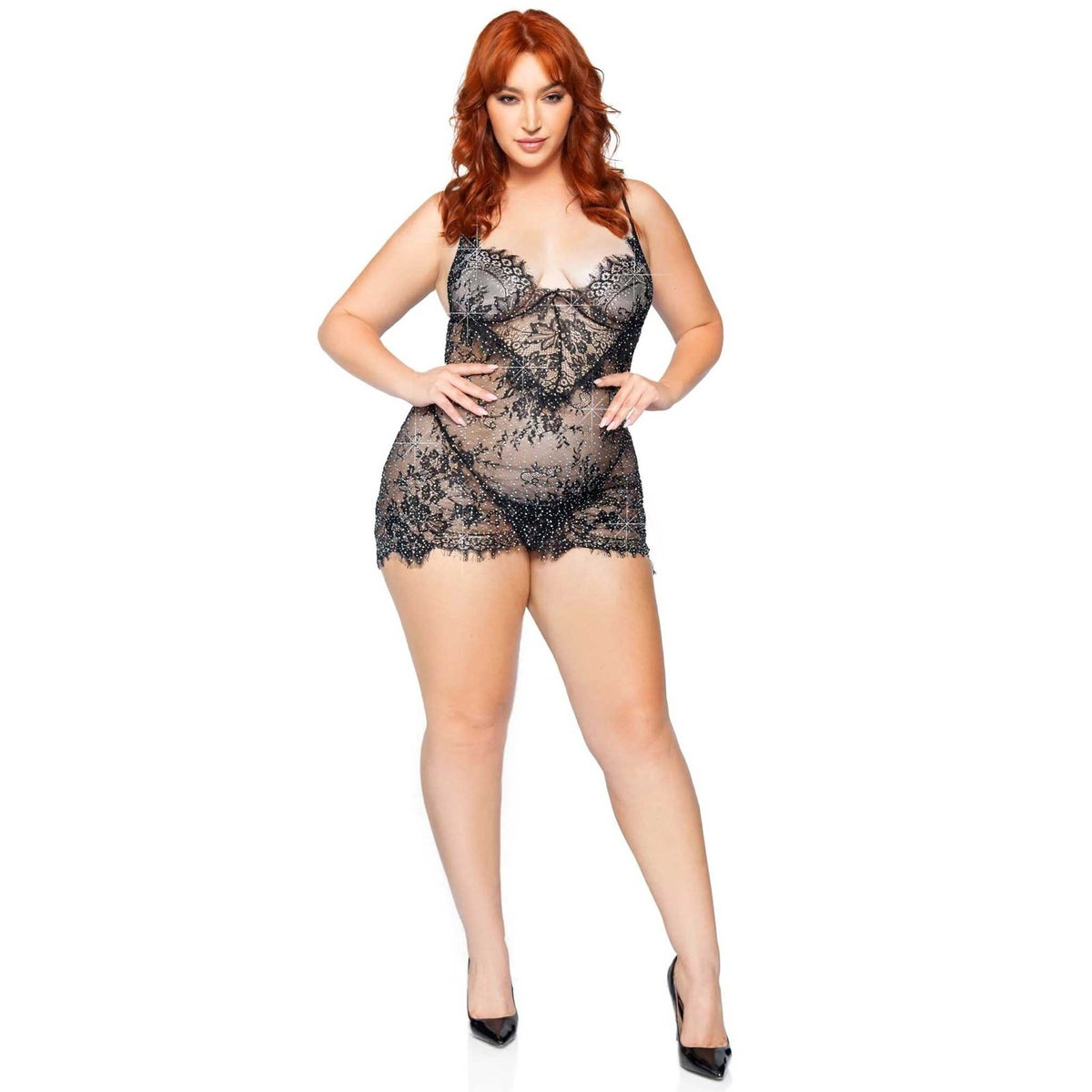 2 Pc Rhinestone Lace Dress and G-String - 1x/2x - Black LA-86955XBK1X2