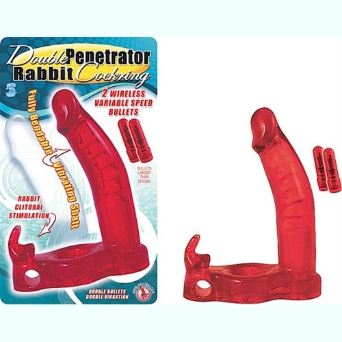 Double Penetrator Rabbit Cock Ring - Red NW2224-1