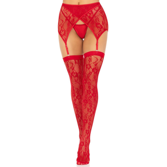 2 Pc Rachel Lace Thigh High and Crossover Garter Belt - One Size - Red LA-1608REDOS