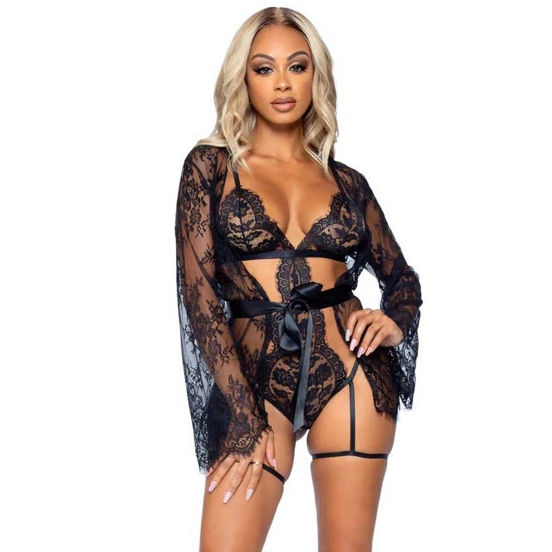 All Romance Lace Teddy and Robe Set - Medium -  Black LA-86123BLKM