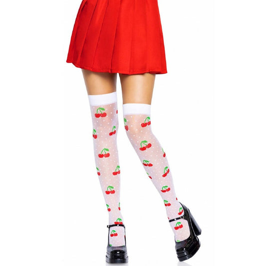 Sheer Polka Dot Cherry Thigh Highs - One Size - White/red LA-6638WHRDOS