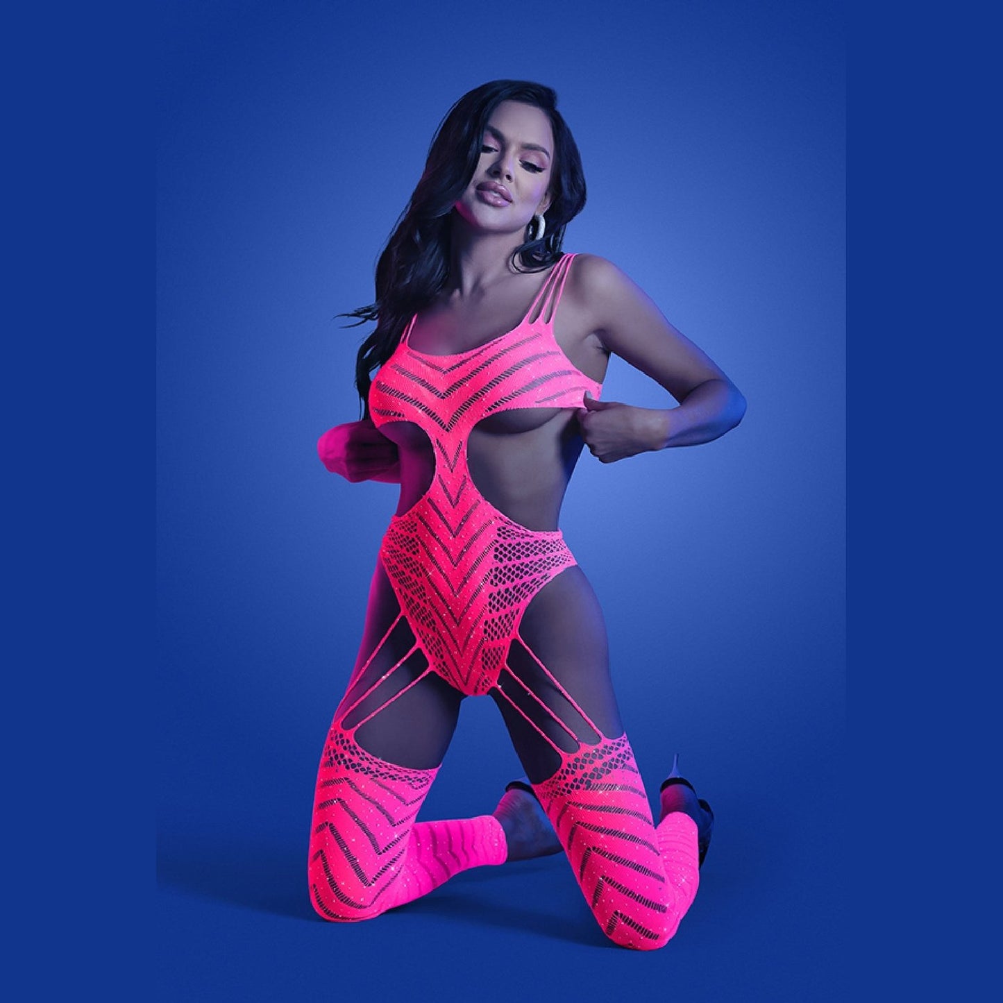 Wavelength Cutout Rhinestone Teddy Bodystocking -  One Size - Neon Pink FL-GL2140-OS-B