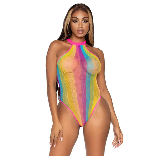 Rainbow Striped Halter Bodysuit With Snap Crotch - One Size - Multicolor LA-81556MULTOS