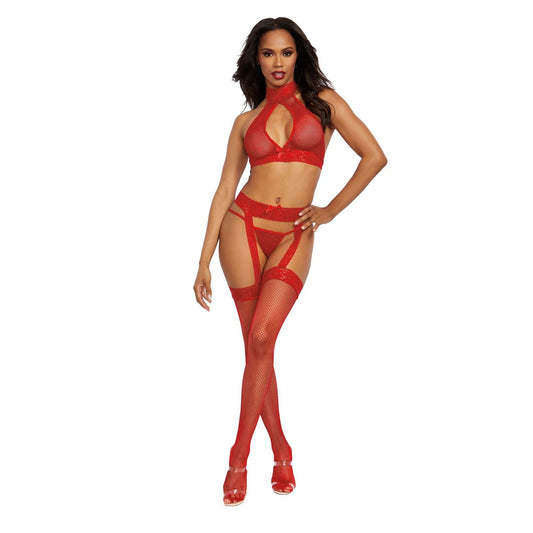 Bralette, Garterhose, and G-String - One Size - Rouge DG-0375ROUOS