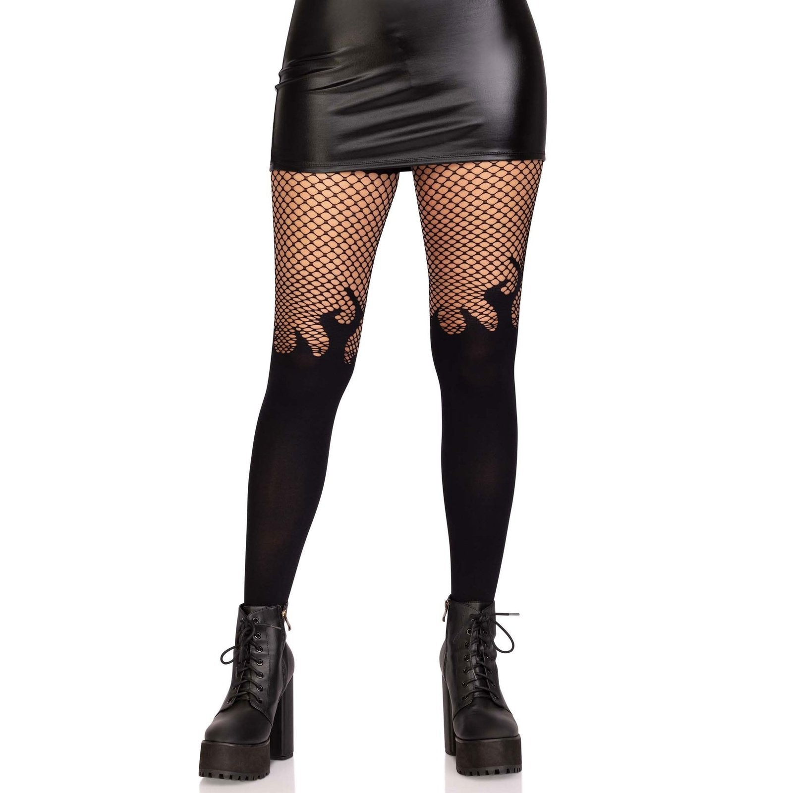 Opaque Flame Tights With Fishnet Top - One Size -  Black LA-9729BLKOS