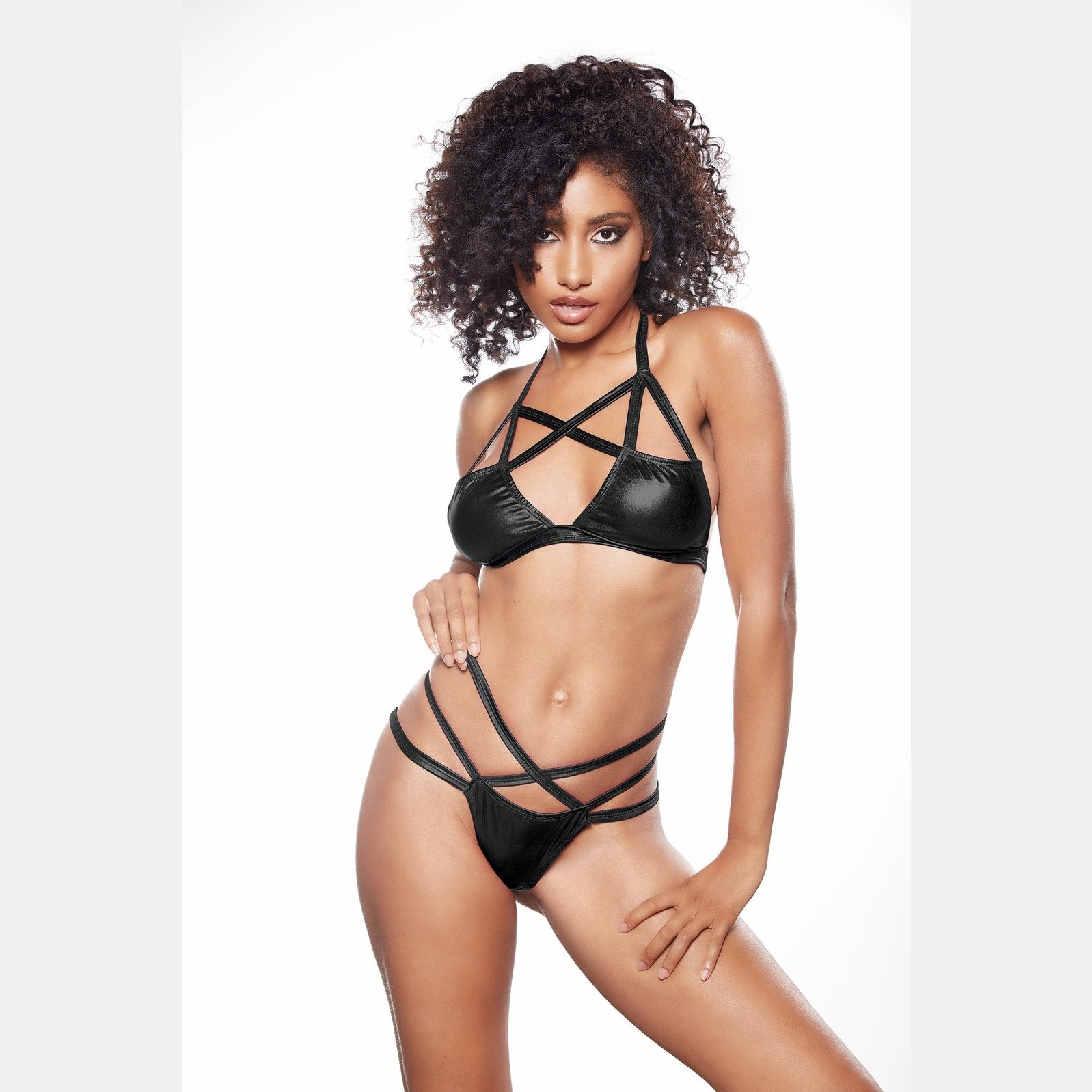 Kitten Criss Cross Bralette and Thong Set - One   Size - Black ALR-12-0082K