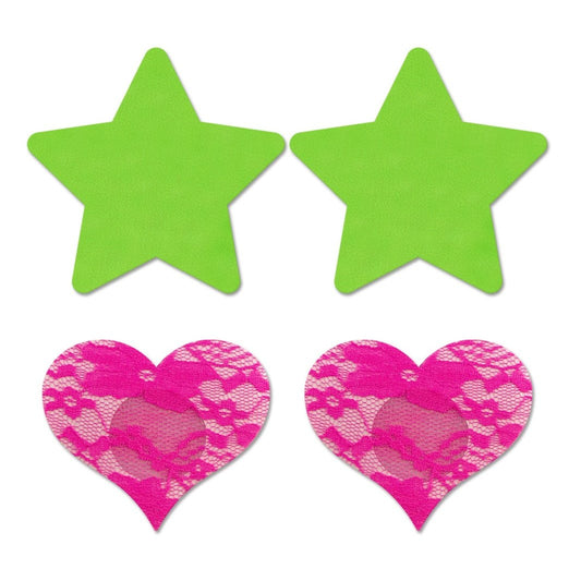 Fashion Pasties Set - Neon Green Solid Star and Neon Pink Lace Heart FL-FLA101NEON