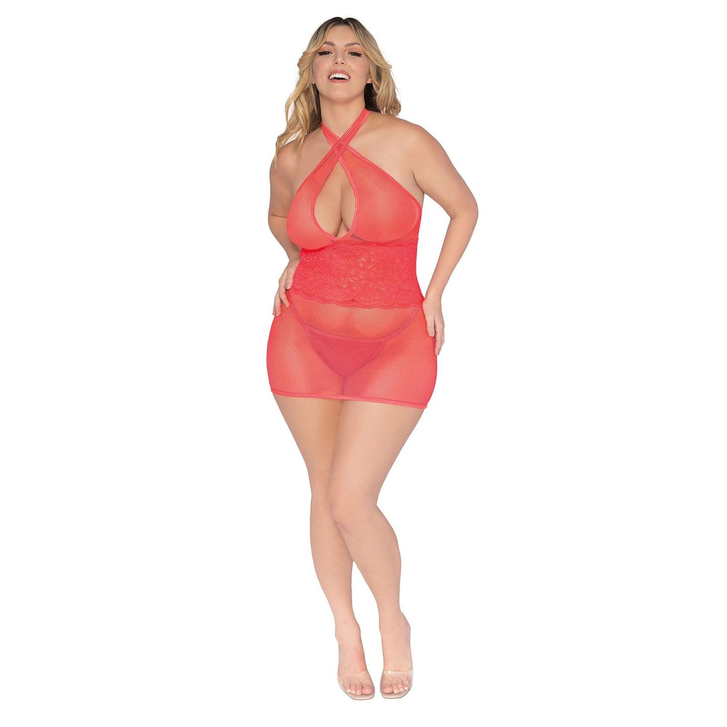 Stretch Fishnet and Scalloped Stretch Lace Chemise - Queen - Coral DG-12606XCORQ