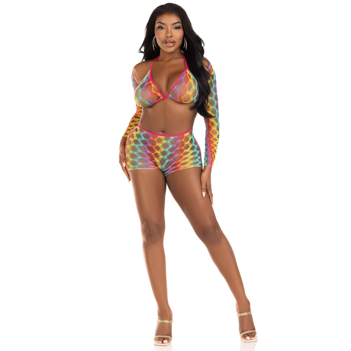 3 Pc Net Bra Top With Shrug and Boy Shorts - One  Size - Multicolor LA-81661MULOS