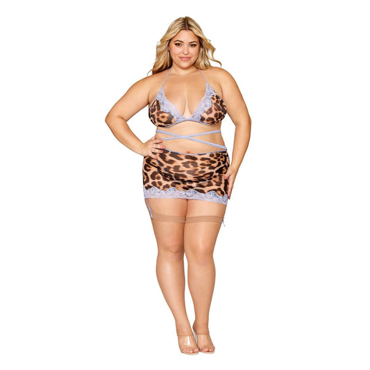 Leopard Bralette With Garter Skirt and G-String -  Queen Size - Leopard DG-13278XLEPQ