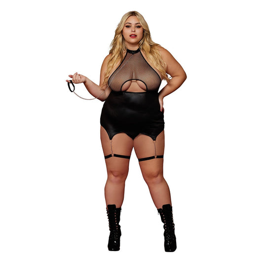 Garter Slip and Leash - Queen Size - Black DG-13295XBLKQ