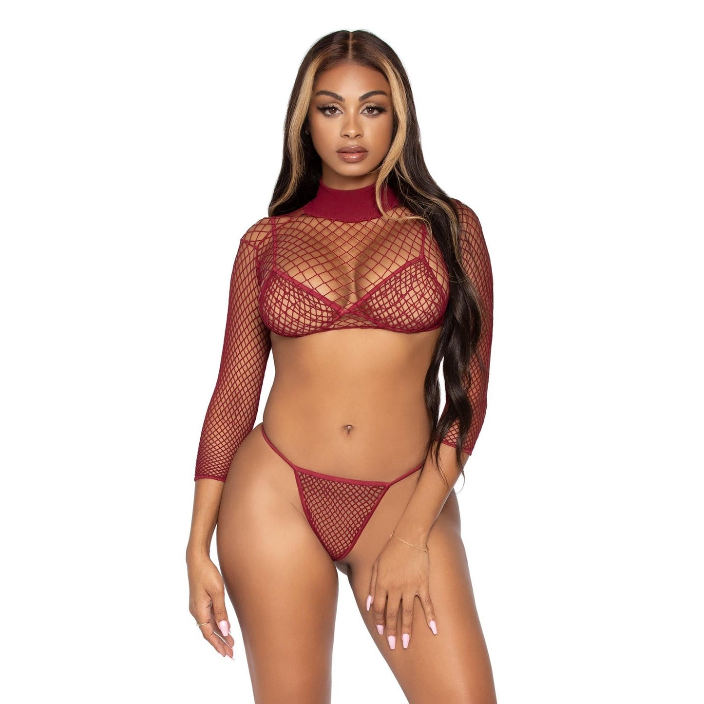 3 Pc Industrial Net Bikini Top G-String and Long  Sleeved Crop Top - One Size - Burgundy LA-81583BUR