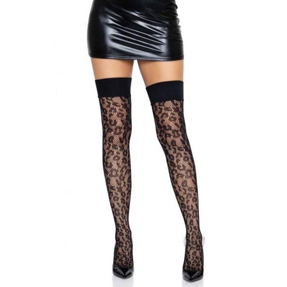 Leopard Net Thigh High With Wide Band Top - One  Size - Black LA-6640BLKOS