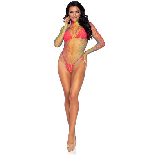 High Neck Fence Net Long Sleeve Bodysuit With Snap Crotch Thong Panty - One Size - Rainbow LA-89230RNBOS