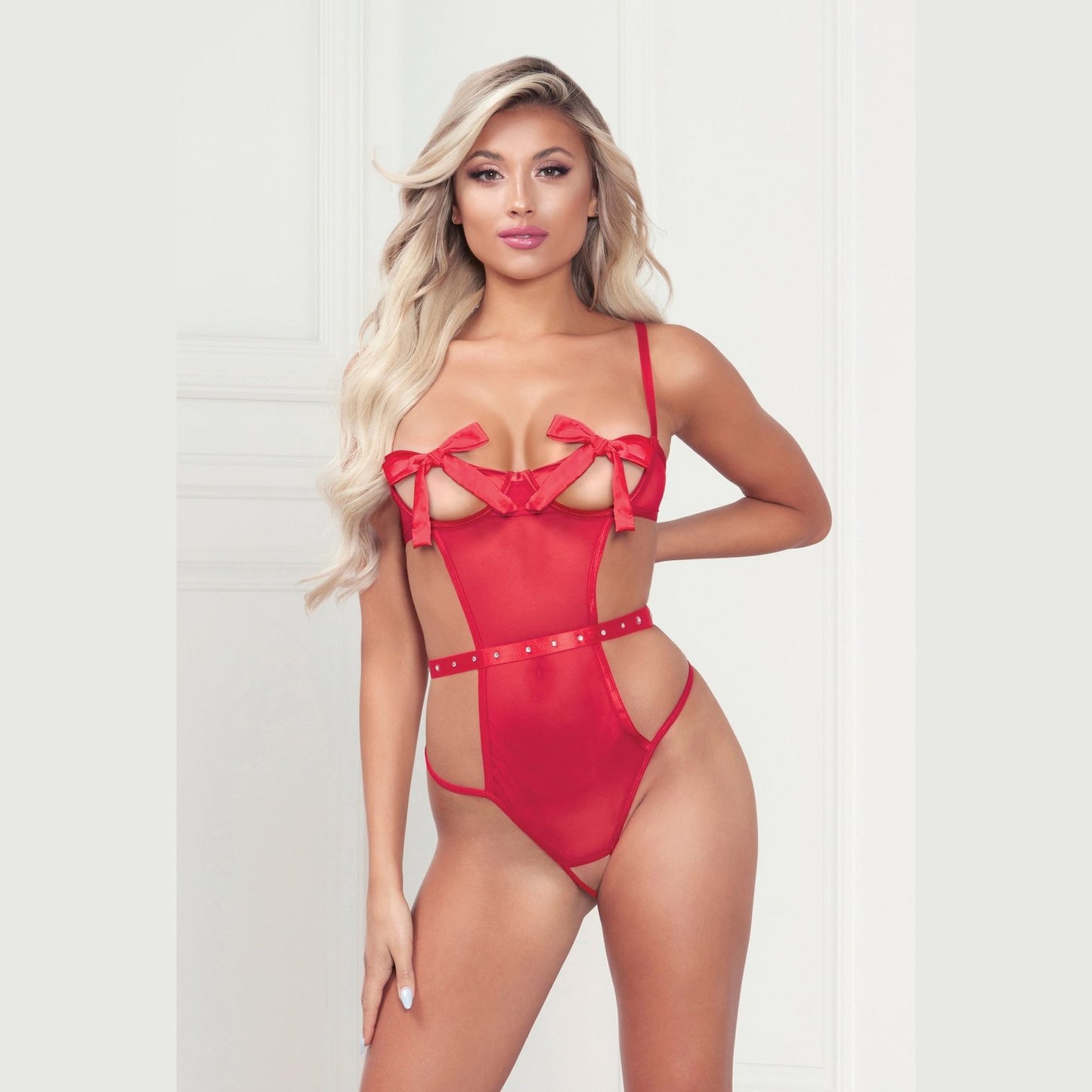 Mesh Teddy With Underwire, Satin Ribbon Bows, Rhinestone Belt, Hook and Eye Back Closure, and Open Thong - One Size - Red STM-11369PRDOS