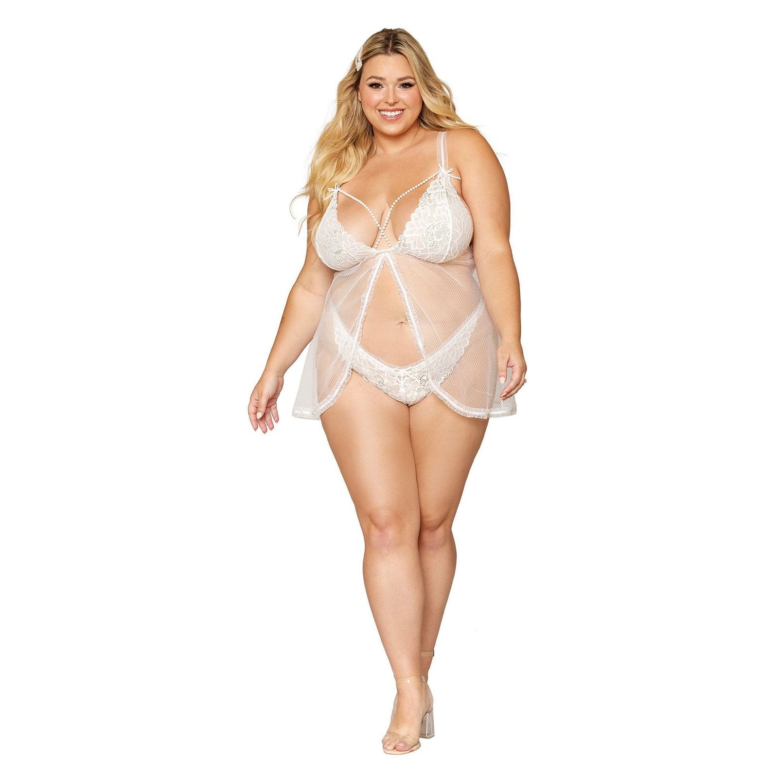 Babydoll and Pearl G-String - Queen Size - White DG-12834WHTQ