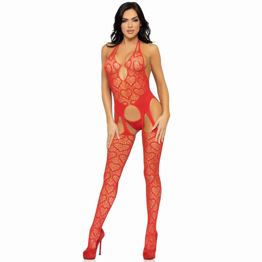 Seamless Heart Net Suspender Bodystocking - One  Size - Red LA-89306REDOS