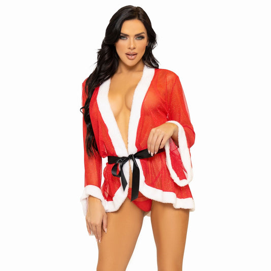 3 Pc Santa Robe and G-String Set - M/l - Red LA-86140ML