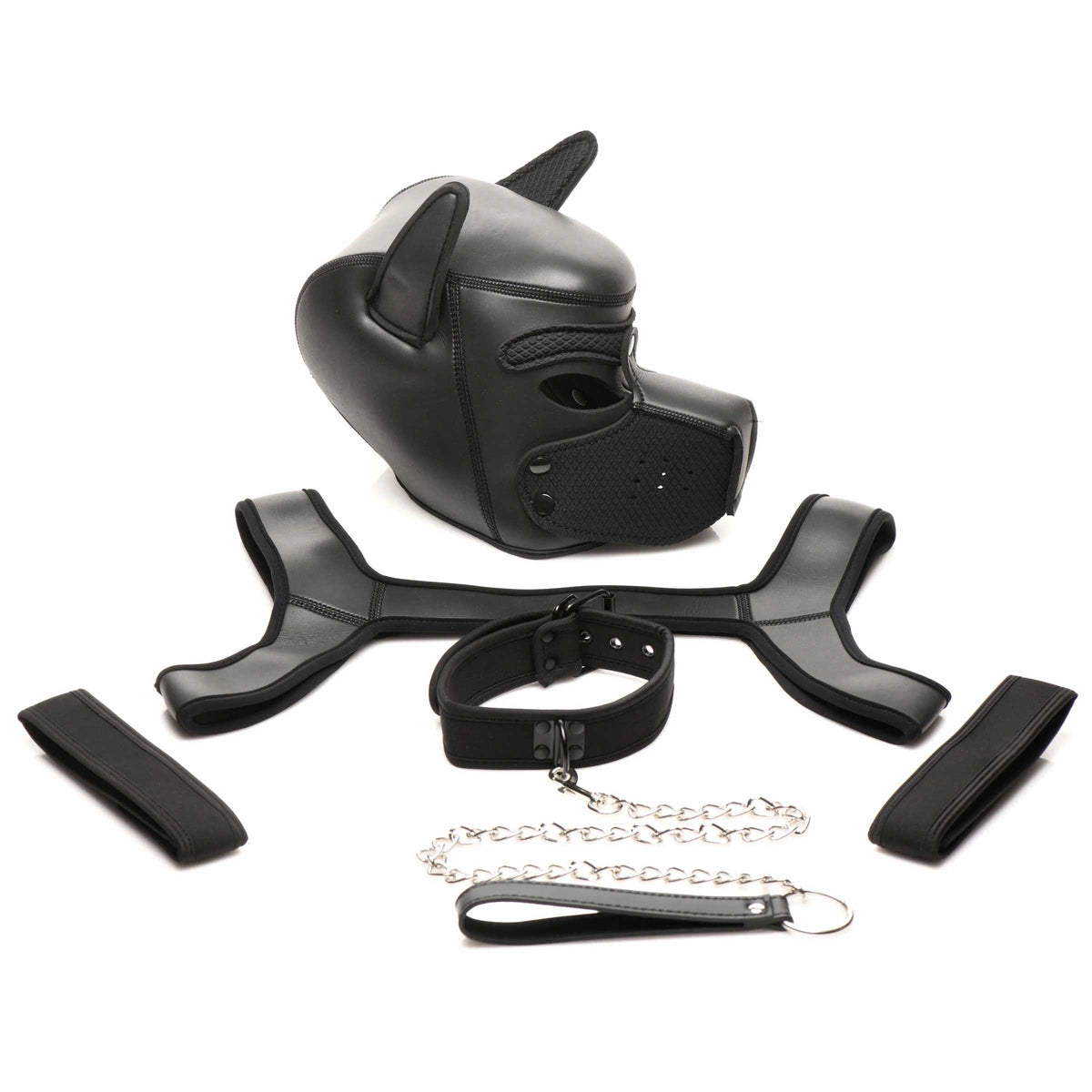 Full Pup Arsenal Set Neoprene Puppy Hood, Chest  Harness, Collar With Leash and Arm Band - Black MS-AH170