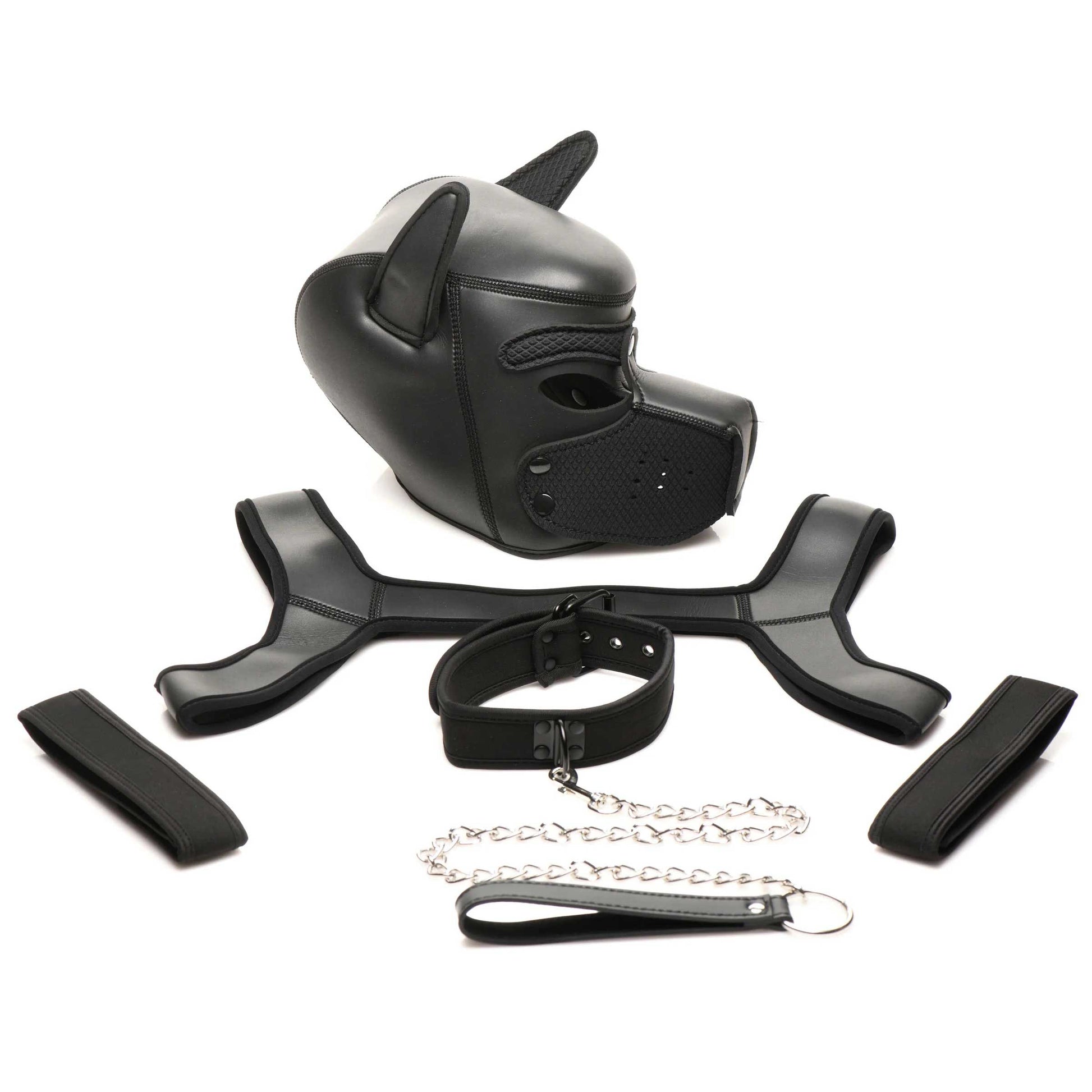 Full Pup Arsenal Set Neoprene Puppy Hood, Chest  Harness, Collar With Leash and Arm Band - Black MS-AH170