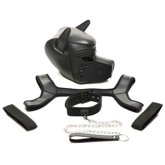 Full Pup Arsenal Set Neoprene Puppy Hood, Chest  Harness, Collar With Leash and Arm Band - Black MS-AH170