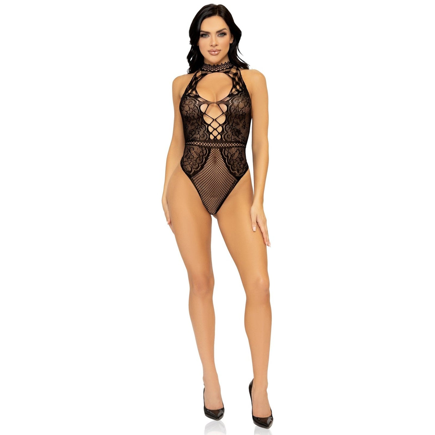 Net and Lace Keyhole Halter Bodysuit - One Size -  Black LA-89307BLKOS