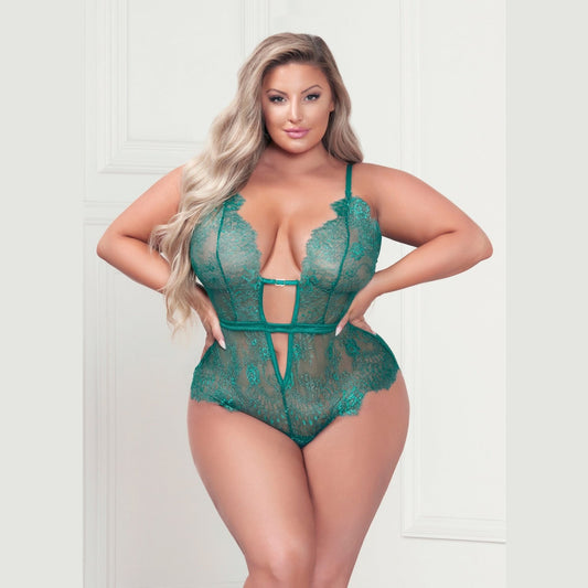 Eyelash Lace Teddy With Satin Ribbon Bow - Queen  Size - Green STM-11377XPGRQ