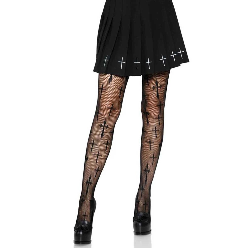 Worship Me Cross Net Tights - 1x/2x - Black LA-9753XBLK1X2