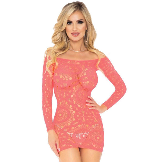 Crochet Lace Long Sleeve Mini Dress - Coral - One Size LA-86794COR