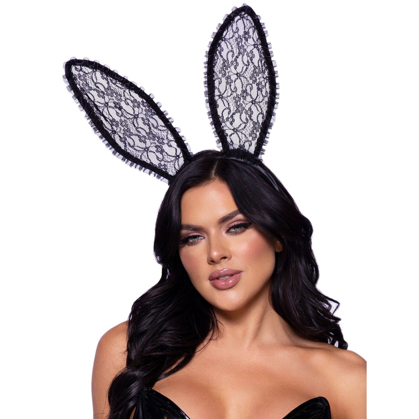 Ruffle Trimmed Bendable Lace Bunny Ears - Black LA-A2912