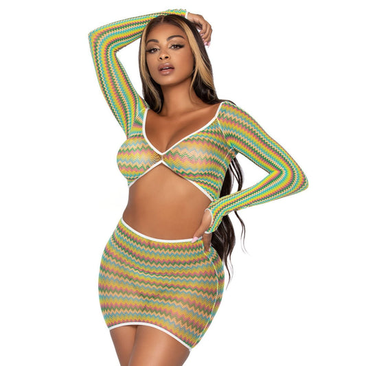 2 Pc Zig Zag Net Crop Top and Mini Dress - One  Size - Green LA-81629GRNOS