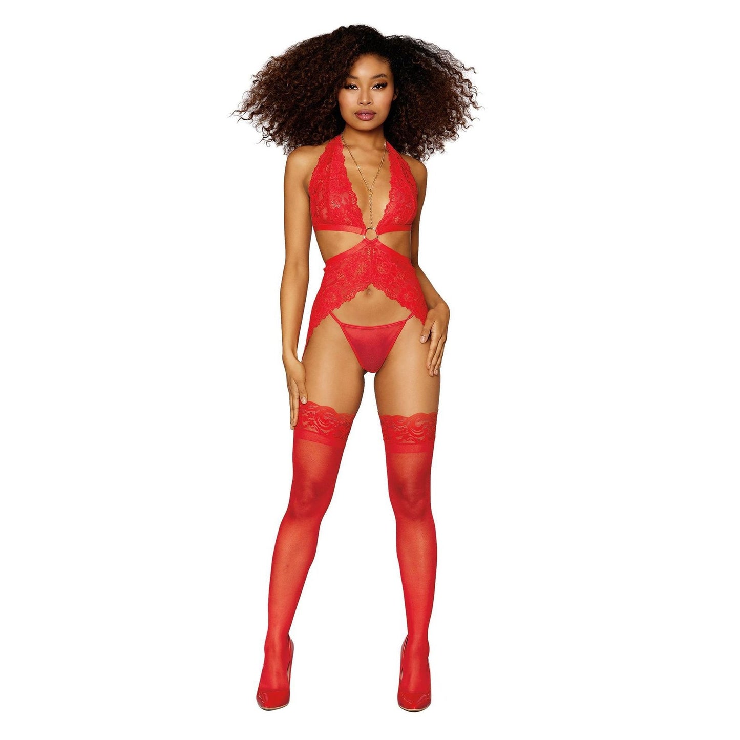 Garter Slip and G-String - One Size - Lipstick Red DG-12708LRDOS