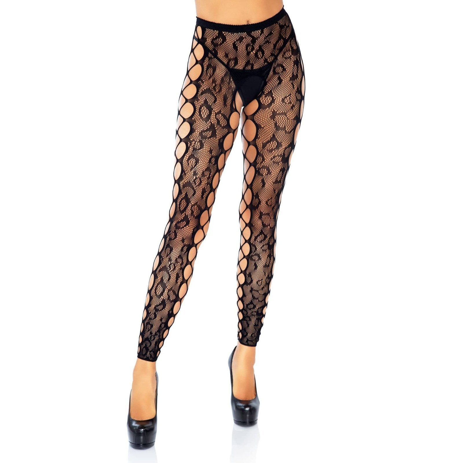 Footless Leopard Lace Crotchless Tights - Black LA-7812BLK