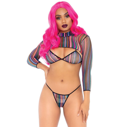 3 Pc Fishnet Bikini G-String and Crop Top - One Size - Multicolor LA-81607MULTI