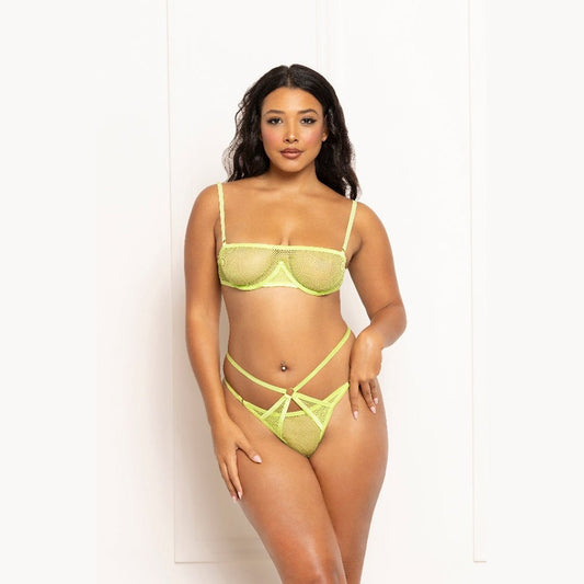 2 Pc Fishnet and Strappy Elastic Bra and Thong Set - One Size - Lime STM-11585PLMOS