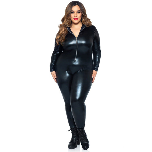 Lame Zipper Front Catsuit - 1x/2x - Black LA-85047XBL1X2