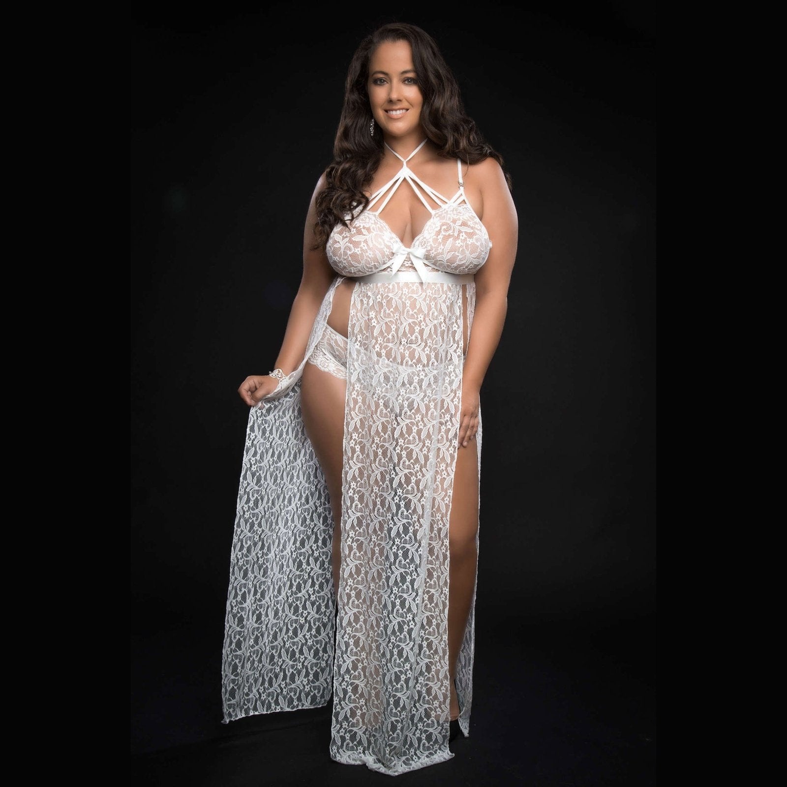 2pc Strappy Halter Laced Night Gown With Side Slits and Open Back - Queen Size - White GWD-BL2138PQWH