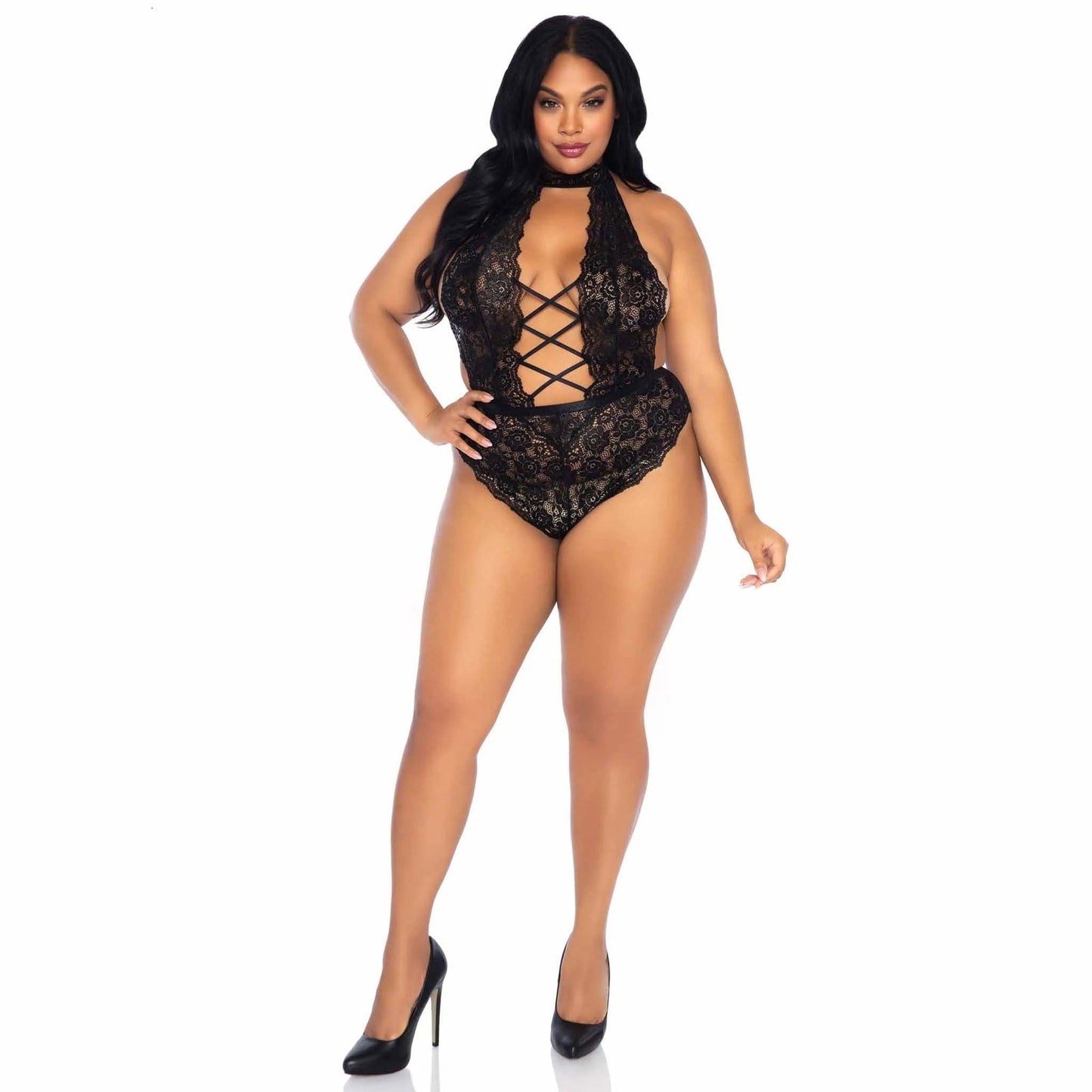 Floral Lace Crotchless Teddy - 1x/2x - Black LA-89245XBL1X2