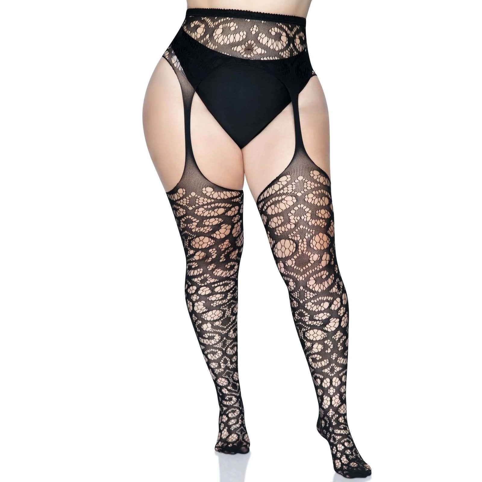 Scroll Lace Stocking With Attached Garter Belt -  1x/2x - Black LA-1780XBLK1X2