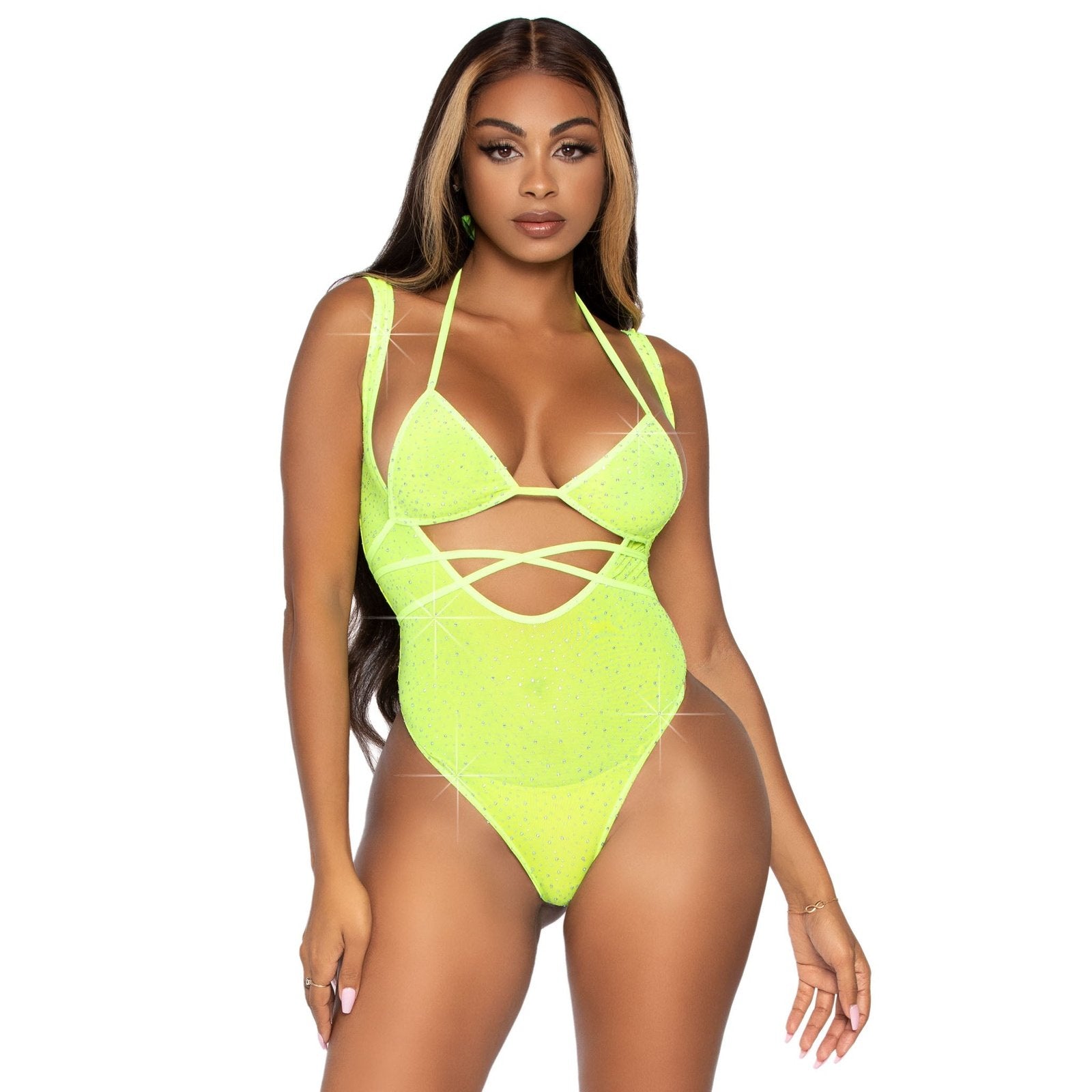 2 Pc. Rhinestone Wrap Around Bikini Top and Suspender Body Suit - One Size - Neon Yellow LA-89284NY