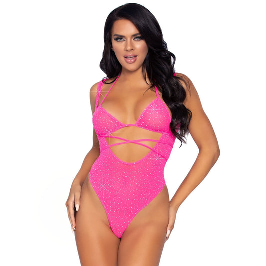 2 Pc. Rhinestone Wrap Around Bikini Top and Suspender Bodysuit - One Size - Neon Pink LA-89284NPNK