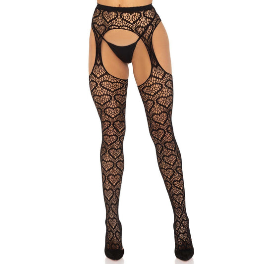 Heart Net Suspender Pantyhose - One Size - Black LA-1958BLKOS