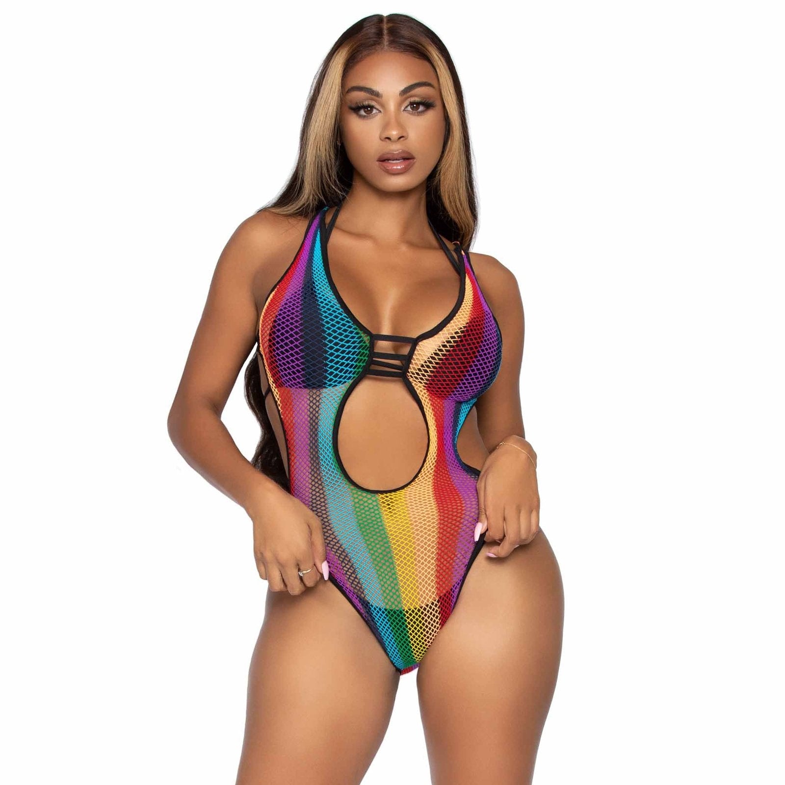 Rainbow Fishnet Cut Out Bodysuit With Strappy Bikini Back - One Size - Multicolor LA-81586MULTOS