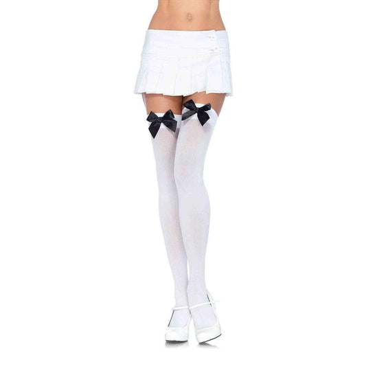 Nylon Thigh Highs With Bow - One Size - White / Black LA-6255WHTBLK