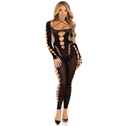 Opaque Cut Out Footless Bodystocking - One Size -  Black LA-89324BLKOS