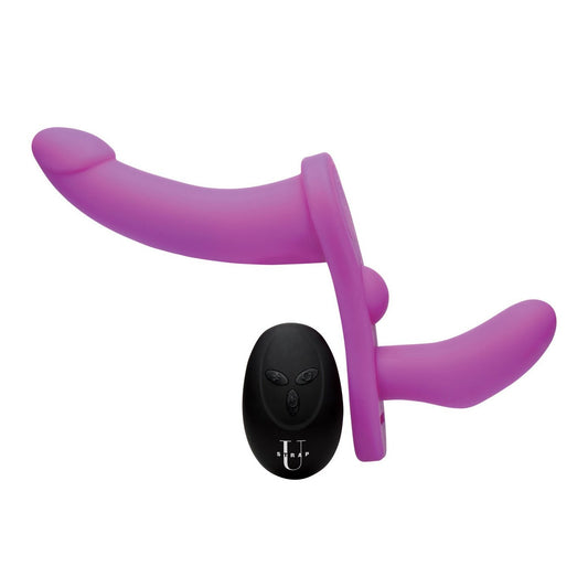 Double Take 10x Vibrating Double Penetration Adjustable Strap-on Purple SU-AF864-PUR