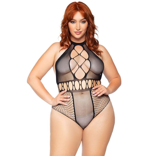 Multi Net Halter Bodysuit - 1x/2x - Black LA-81639XBK1X2